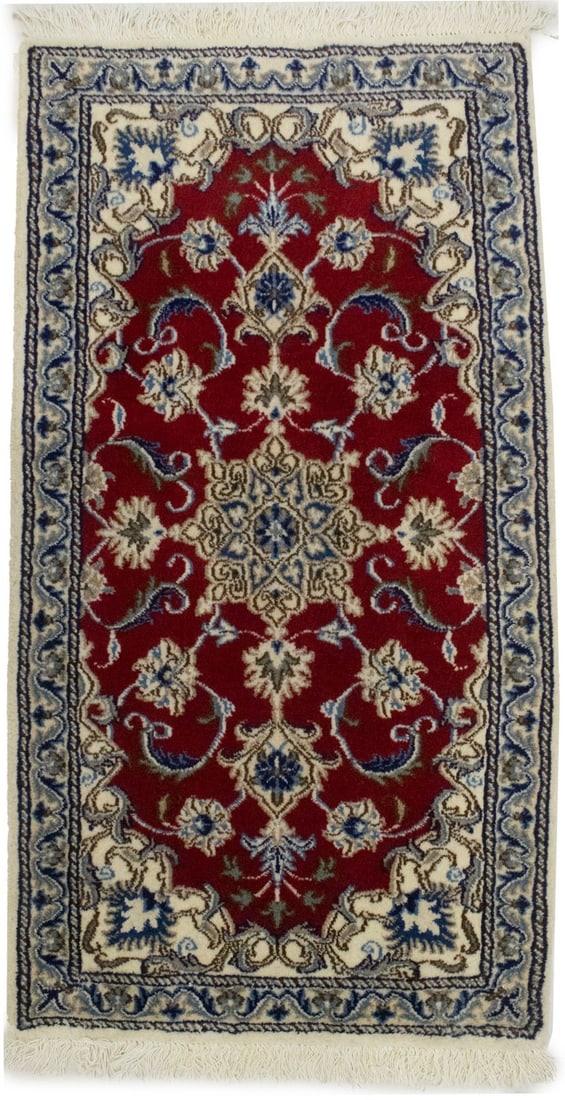 2'2X4'2 Hand Knotted Wool Oriental Area Rug Floral Red: 2'2X4'2 Hand Knotted Wool Oriental Area Rug Floral Red Handmade hand-knotted area rug with a classic floral pattern in red with cream, beige, blue, and dark navy accents. This rectangular wool rug fea