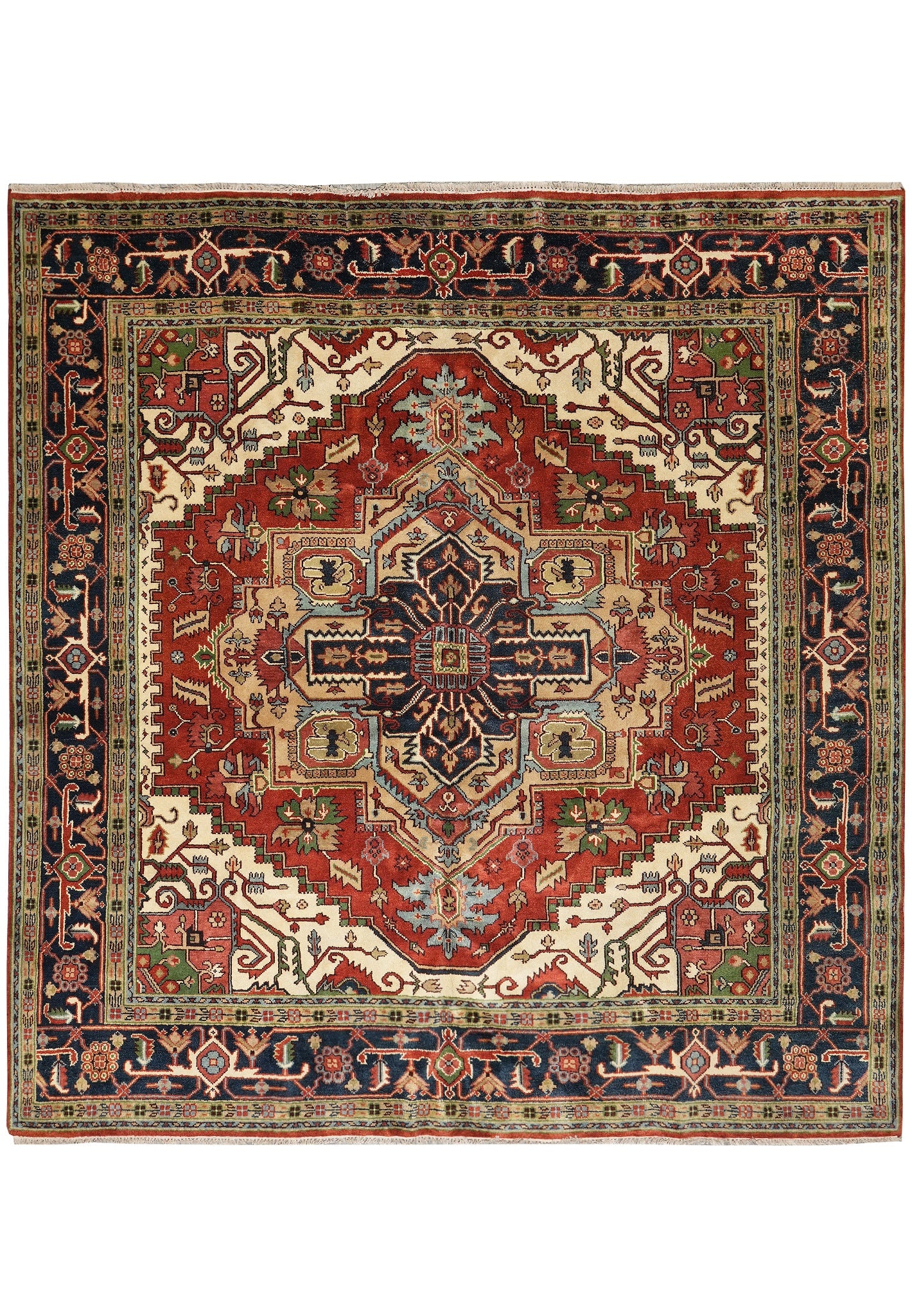 9.9 x 10.1 Handmade Wool Heriz Serapi Square Rug: 9.9 x 10.1 Handmade Wool Heriz Serapi Square Rug Free continental US Shipping Handmade wool Heriz Serapi area rug with a square format and bold geometric design. Hand-knotted in India, it features a c
