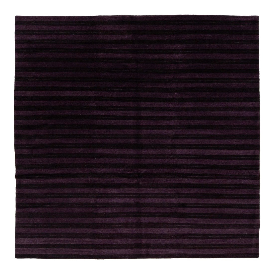 8'4" Square Wool Silk Tibetan Rug with Plum and Aubergine Stripe Design: 8'4" Square Wool Silk Tibetan Rug with Plum and Aubergine Stripe Design This modern Tibetan rug is hand-knotted from a blend of high-quality Tibetan wool and silk. It features a dynamic horizontal str