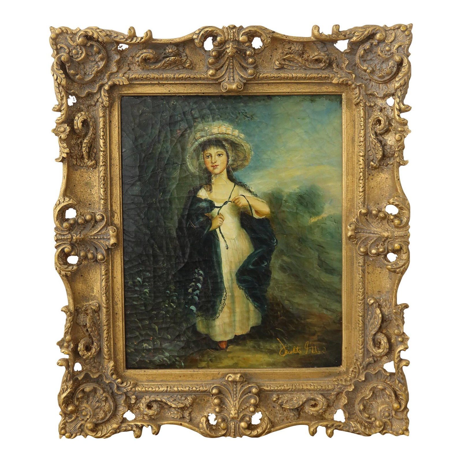 Artist Signed Woman in Bonnet Framed Oil Painting 24 x 29 Gold Frame: Artist Signed Woman in Bonnet Framed Oil Painting 24 x 29 Gold Frame This exquisite framed oil painting on canvas features a woman wearing a bonnet in a serene field setting. The artwork, approximatel