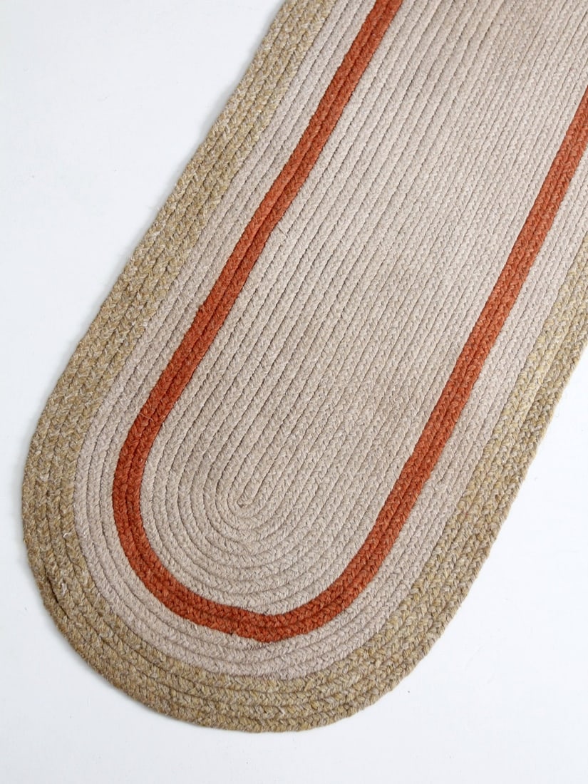 Vintage Farmhouse Braided Oval Rug 9ft Beige Tan Pumpkin Stripes: Vintage Farmhouse Braided Oval Rug 9ft Beige Tan Pumpkin Stripes Enhance your space with this vintage braided oval rug, measuring 9 feet in length and 28 inches in width. This classic farmhouse-style 