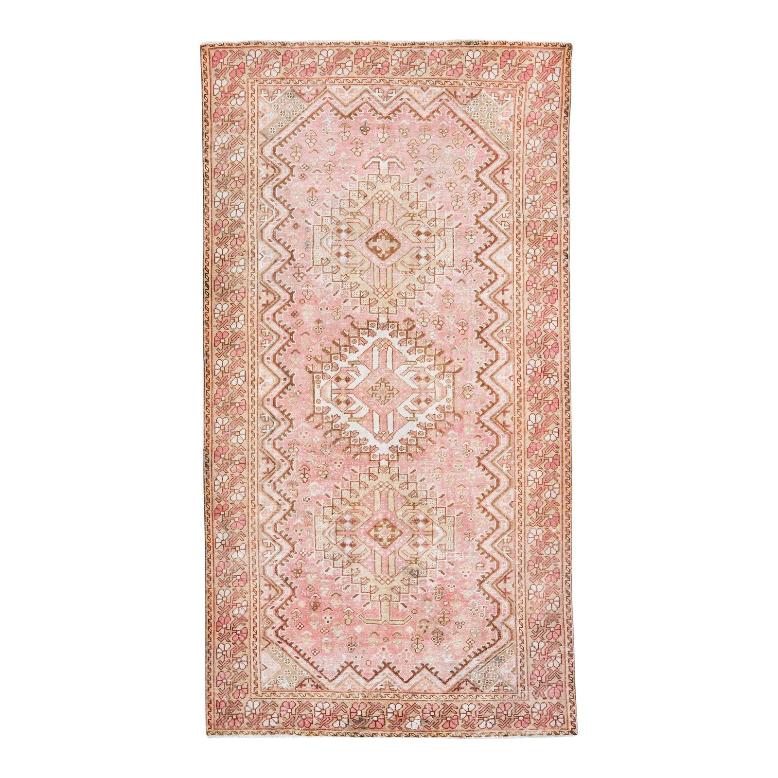 1960s Vintage Persian Mahal Pink Wool Rug 5'1 x 9'9: 1960s Vintage Persian Mahal Pink Wool Rug 5'1 x 9'9 Discover the elegance of this vintage Persian Mahal hand-knotted wool rug, showcasing a stunning pink field complemented by a beige frame. The intri