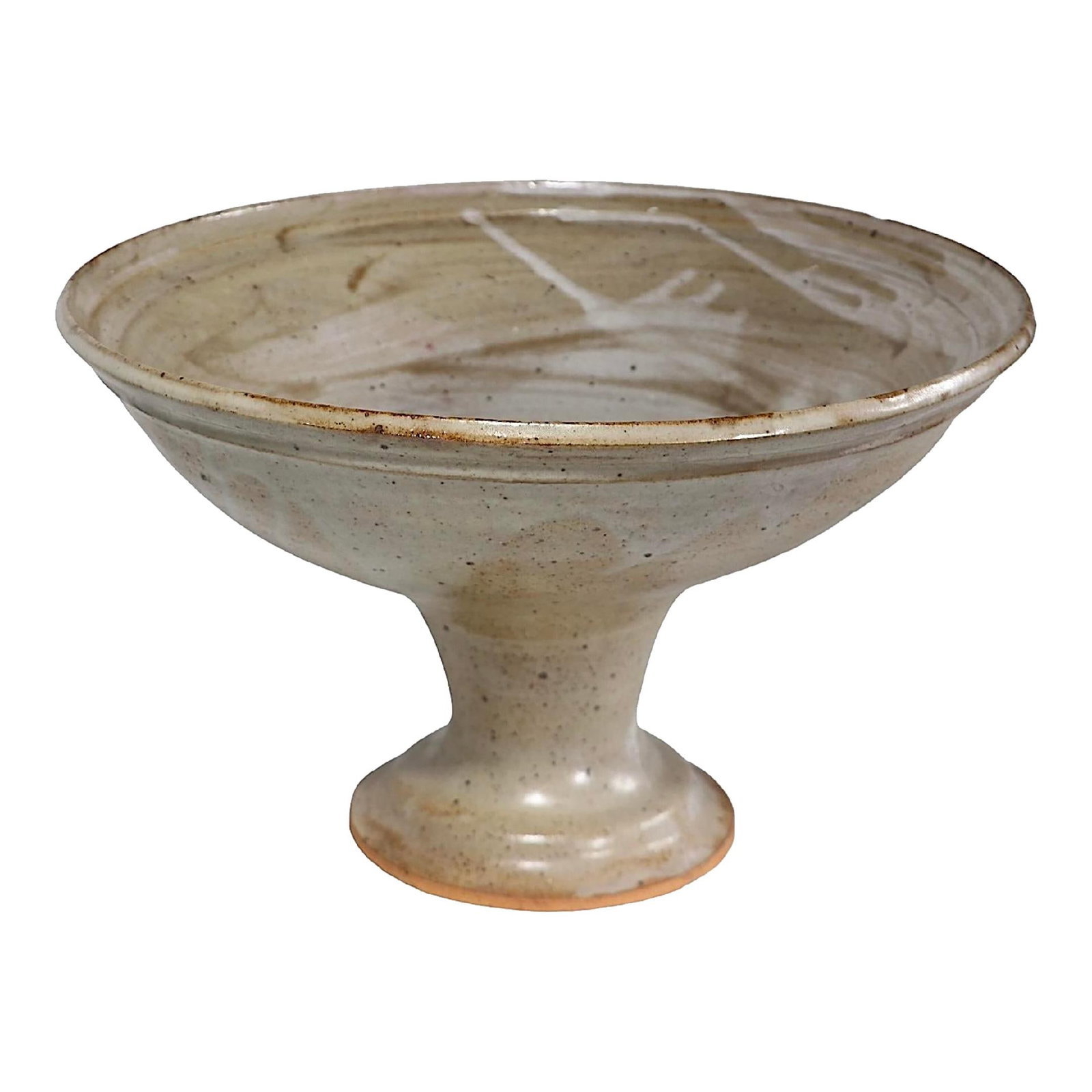 Vintage 1970s Postmodern Studio Pottery Centerpiece Bowl: Vintage 1970s Postmodern Studio Pottery Centerpiece Bowl This impressive vintage pedestal centerpiece bowl showcases a unique blend of earthy sand and brown tones, expertly hand-thrown as part of the 