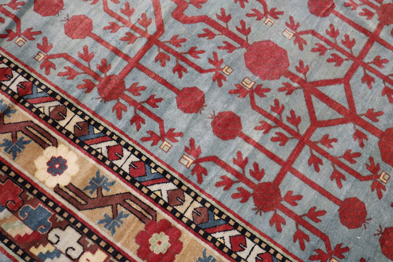 9' x 11' 9" Vintage Khotan Room Rug Teal Pomegranate Motif (1 of 12)