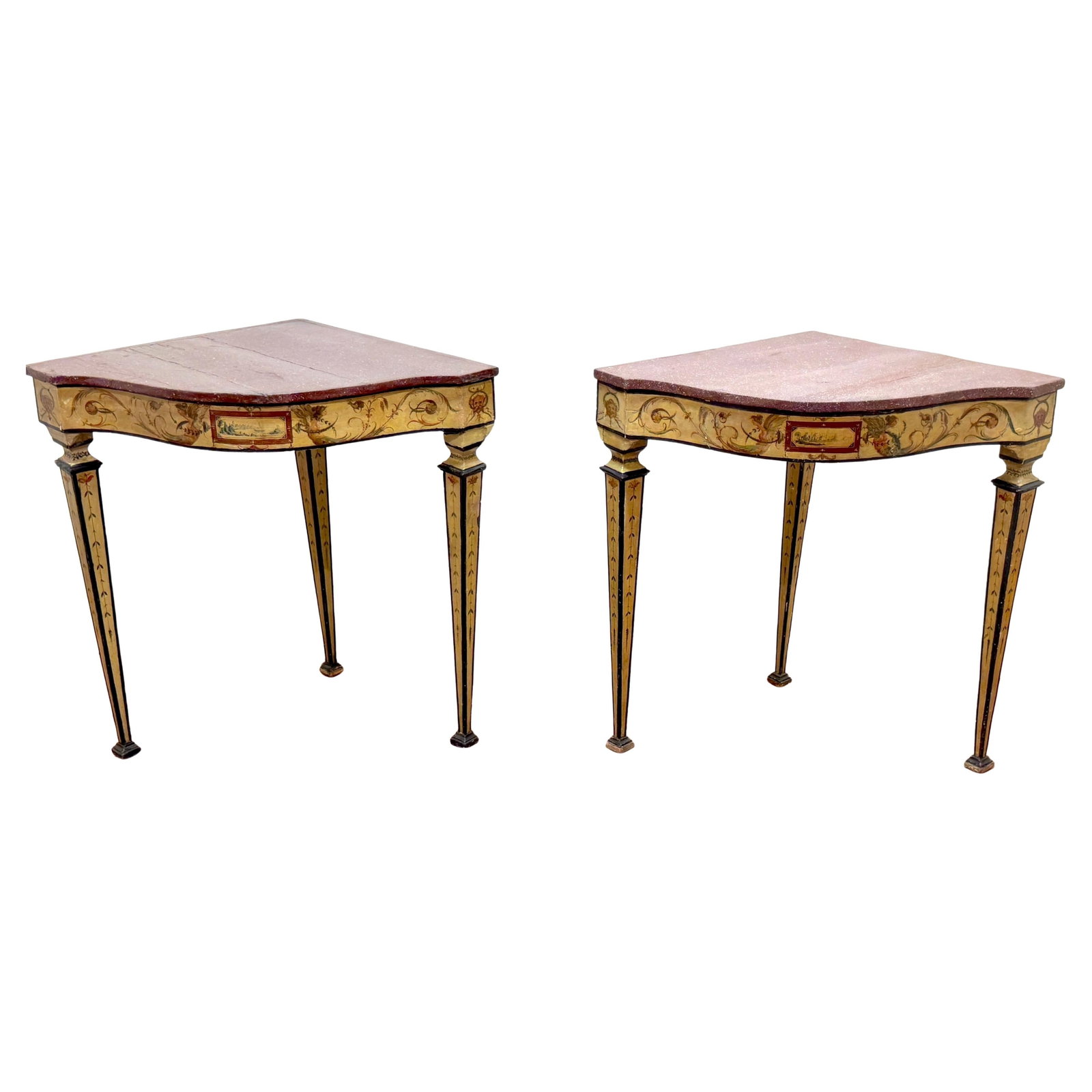 Set of Two Neapolitan 18th Century Painted Corner Consoles with Faux Porphyry Tops: Set of Two Neapolitan 18th Century Painted Corner Consoles with Faux Porphyry Tops This pair of 18th-century Neapolitan painted corner console tables features faux porphyry tops and exemplifies the re