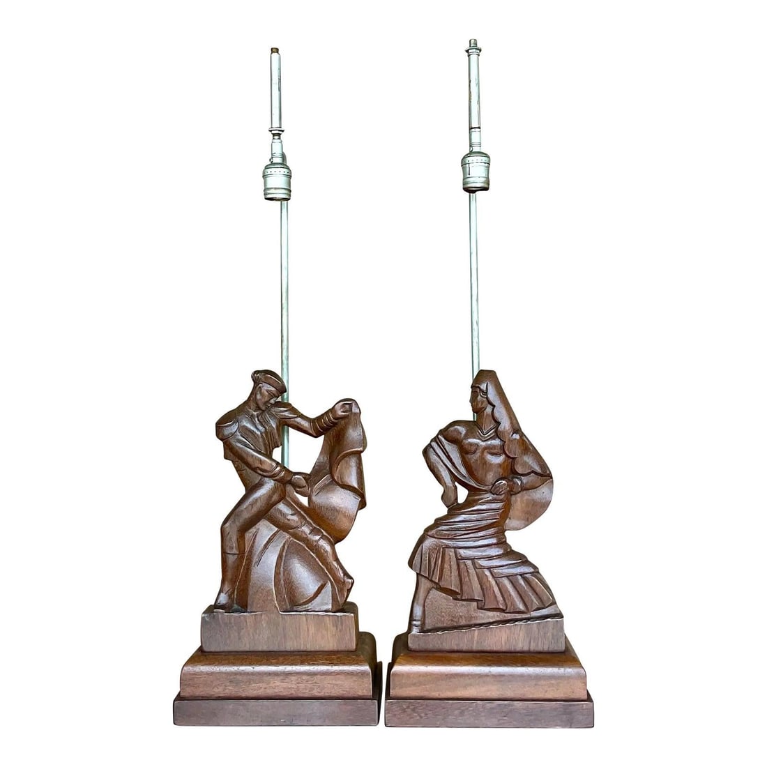 Pair of Heifetz Hand Carved Wood Figural Table Lamps: Pair of Heifetz Hand Carved Wood Figural Table Lamps A vintage pair of hand-carved figural table lamps by Heifetz, depicting a dancing couple in graceful motion. Crafted from richly figured wood with 