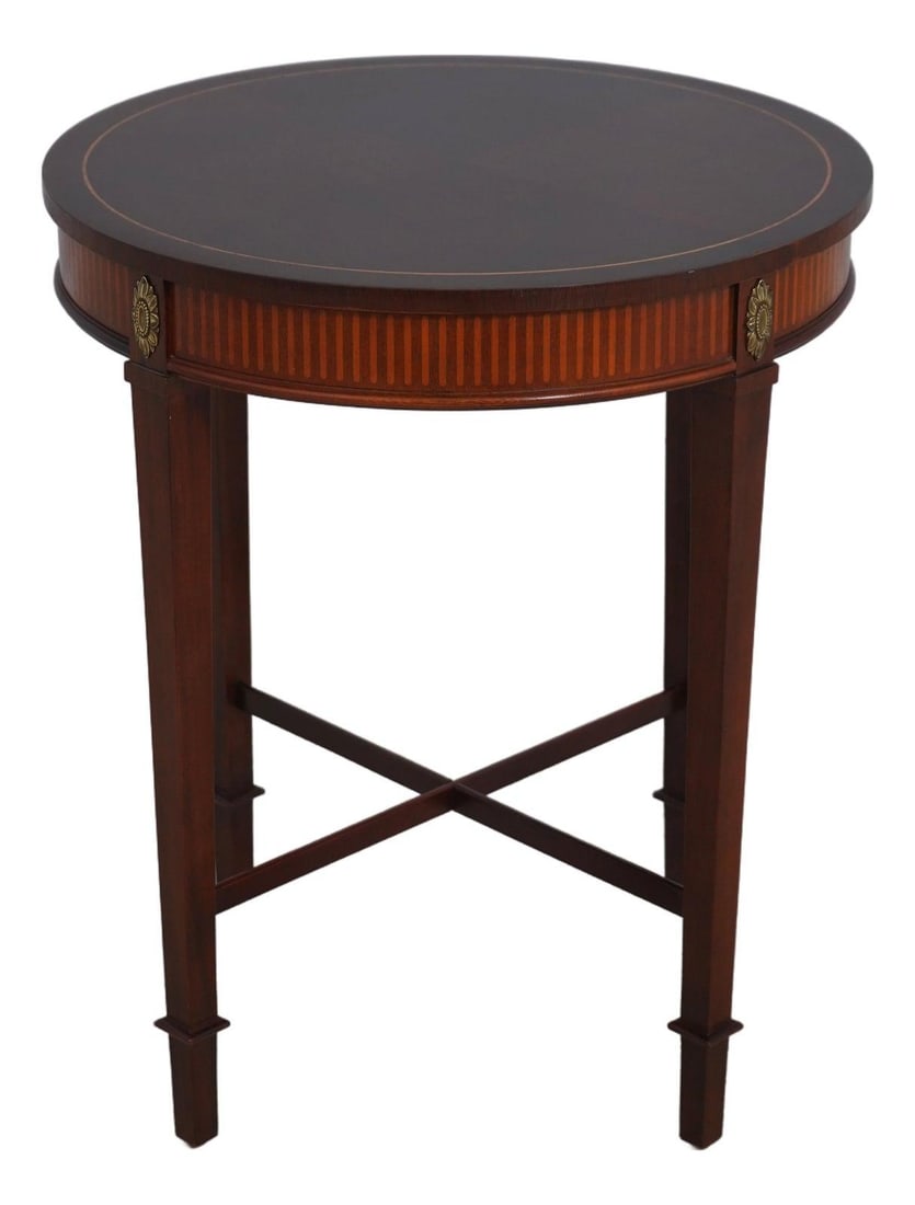 Baker inlaid mahogany lamp table with stretcher base 23w x 23d x 28h (1 of 10)