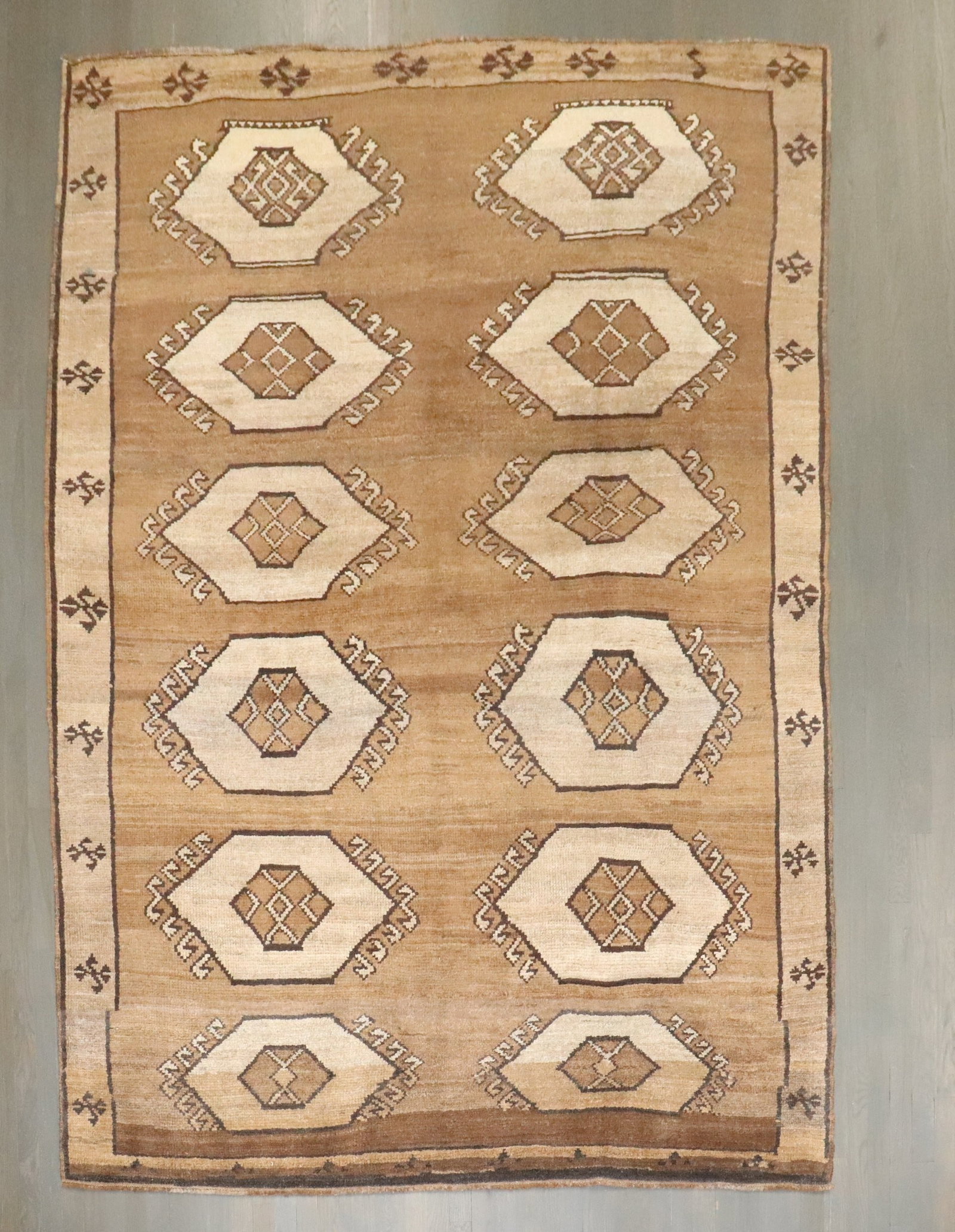 6' 9" x 9' 4" Turkish Kars Rug Brown Geometric Design: 6' 9" x 9' 4" Turkish Kars Rug Brown Geometric Design Mid-20th century Turkish Kars rug with a brown geometric design in a tribal style. This pre-owned rectangular area rug features a classic Kars pat