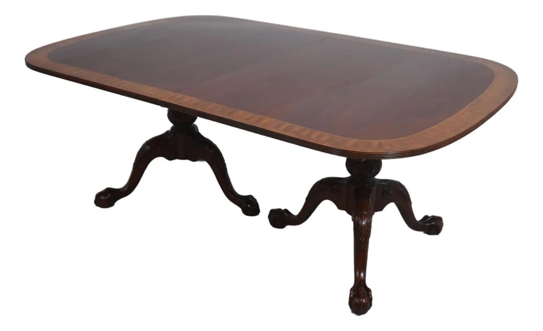 Councill Craftsmen Mahogany Inlaid Double Pedestal Dining Table 74" Brown Finish: Councill Craftsmen Mahogany Inlaid Double Pedestal Dining Table 74" Brown Finish This exquisite Councill Craftsmen dining table showcases a stunning mahogany construction with intricate inlaid details
