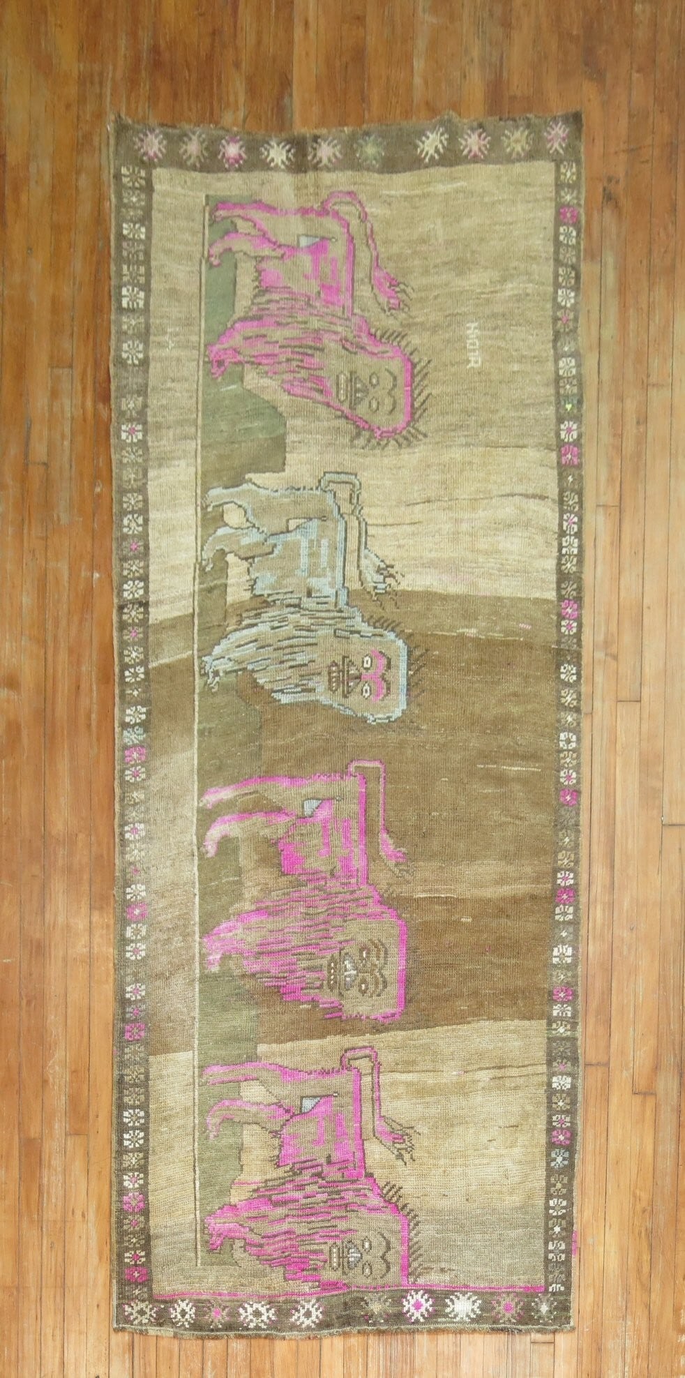 3' 9" x 9' 5" Turkish Kars pictorial lion runner: 3' 9" x 9' 5" Turkish Kars pictorial lion runner Pictorial Turkish Kars lion runner from the 20th century with stylized lion motifs. This pre-owned runner features a distinctive pictorial design and e
