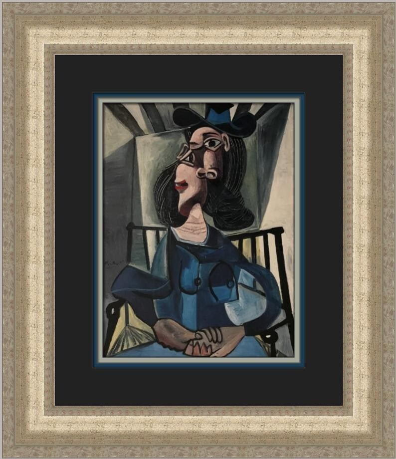 Pablo Picasso A Woman in an Armchair Custom Framed Print 1992: Pablo Picasso A Woman in an Armchair Custom Framed Print 1992 This exquisite custom framed print titled "A Woman in an Armchair" showcases the artistic brilliance of Pablo Picasso. Created in 1992, th