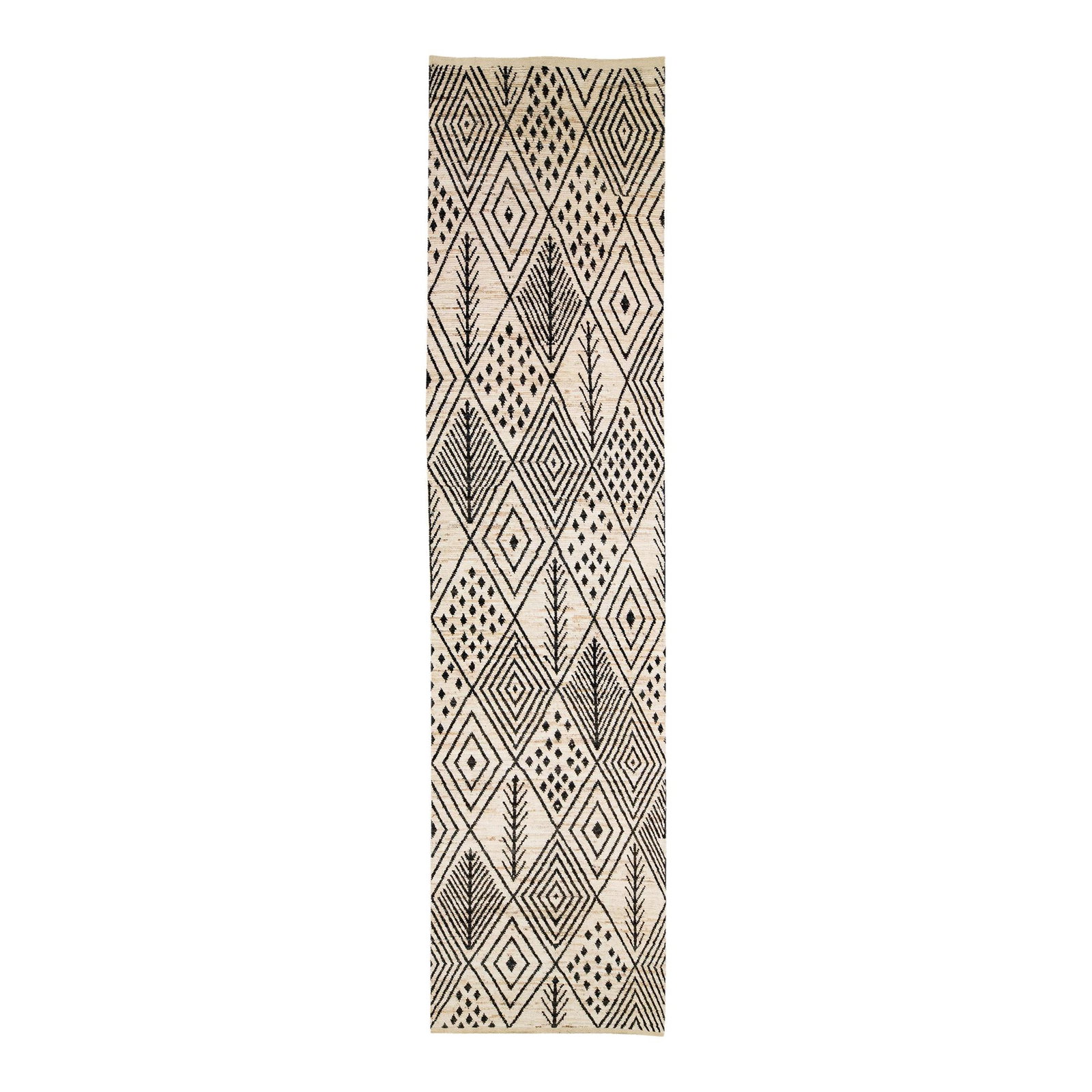 Ivory Wool Moroccan Runner Rug with Geometric Tribal Design 4'5 x 19'2: Ivory Wool Moroccan Runner Rug with Geometric Tribal Design 4'5 x 19'2 Enhance your space with this stunning Modern Moroccan Style Handmade Ivory Wool Runner. This exquisite rug features a soft beige 