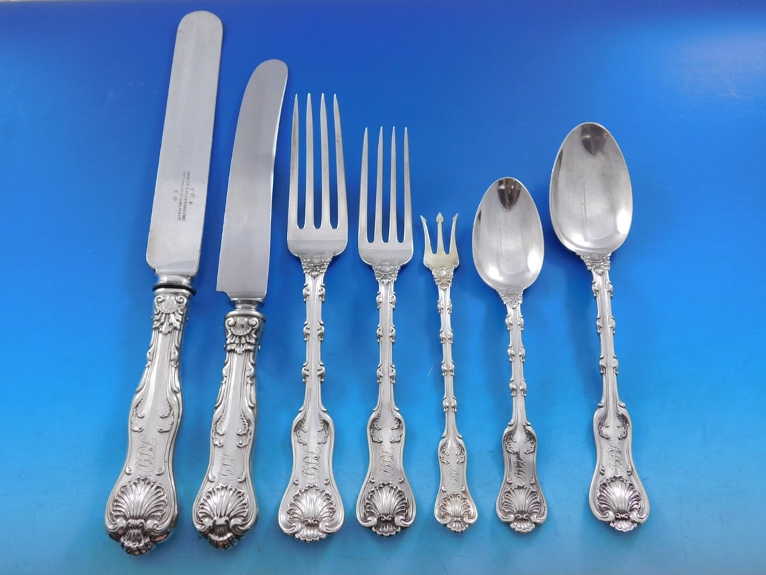 92 Piece Sterling Flatware Service Whiting Imperial Queen Pattern: 92 Piece Sterling Flatware Service Whiting Imperial Queen Pattern An exceptional 92-piece Imperial Queen sterling silver flatware set by Whiting, introduced in 1895. This late Victorian pattern featur