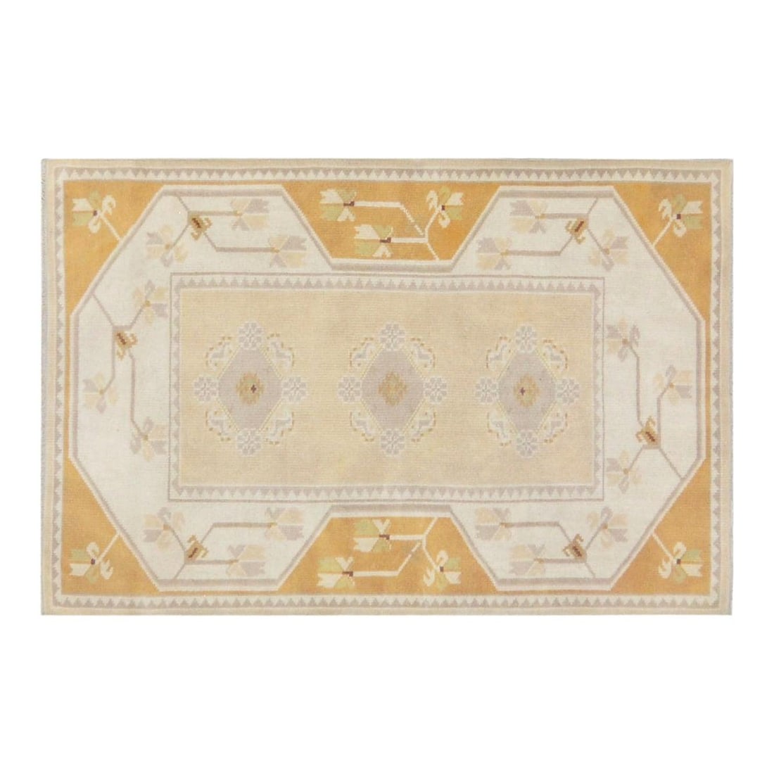 Hand-Knotted Wool Anatolian Turkish Rug Almond 3'x4'5": Hand-Knotted Wool Anatolian Turkish Rug Almond 3'x4'5" This vintage Turkish Anatolian rug is hand-knotted from wool using traditional techniques, offering a blend of enduring craftsmanship and modern 