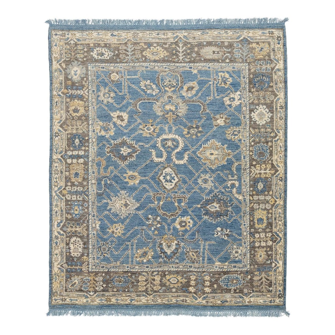 8'1" x 9'6" Hand Knotted Wool Area Rug Modern Oushak Style Blue Gold: 8'1" x 9'6" Hand Knotted Wool Area Rug Modern Oushak Style Blue Gold Hand-knotted in wool, this Modern Oushak Style area rug features a French blue field with a slate grey and charcoal geometric borde