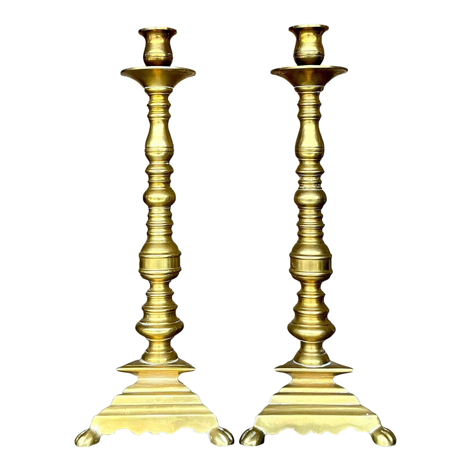 Vintage Boho Brass Candlesticks Pair Hand-Turned 15.75": Vintage Boho Brass Candlesticks Pair Hand-Turned 15.75" Enhance your home decor with this exquisite pair of Vintage Boho Turned Brass Candlesticks. Featuring a sleek, hand-turned design, these candles