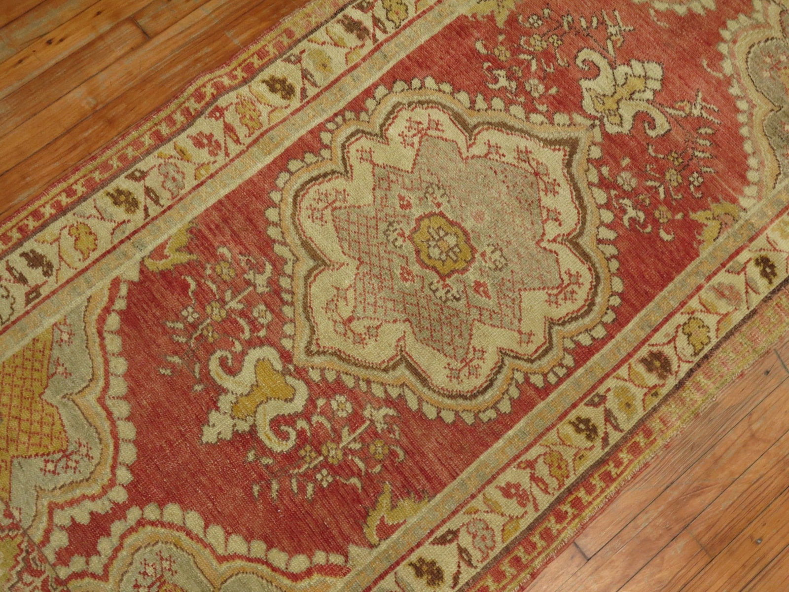 3' 2" x 6' 6" Traditional Oushak Runner circa 1940: 3' 2" x 6' 6" Traditional Oushak Runner circa 1940 Vintage small Oushak runner with a formal medallion design and traditional patterning. This pre-owned rug is identified as a runner and dates to circ