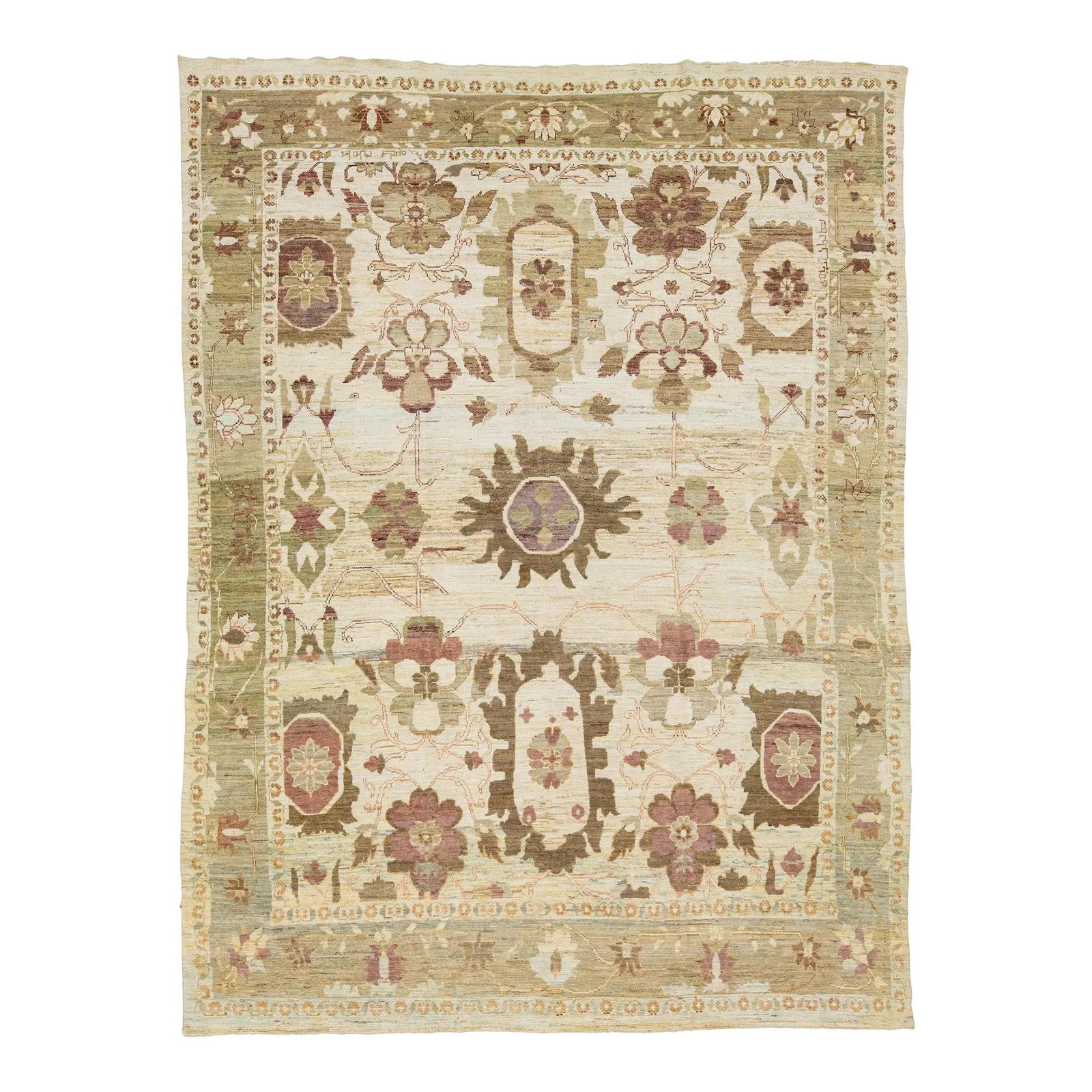 Handmade Wool Oushak Rug Floral Design Beige 10'10 x 14'10: Handmade Wool Oushak Rug Floral Design Beige 10'10 x 14'10 Discover the beauty of this exquisite Oushak rug, hand-knotted to perfection. Featuring a contemporary style with a beige foundation, this Pe