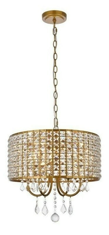 Living District Elise 4 Light Brass Crystal Pendant Chandelier: Living District Elise 4 Light Brass Crystal Pendant Chandelier This modern pendant chandelier features a brass finish and is adorned with royal cut clear crystals, offering a stylish lighting solution