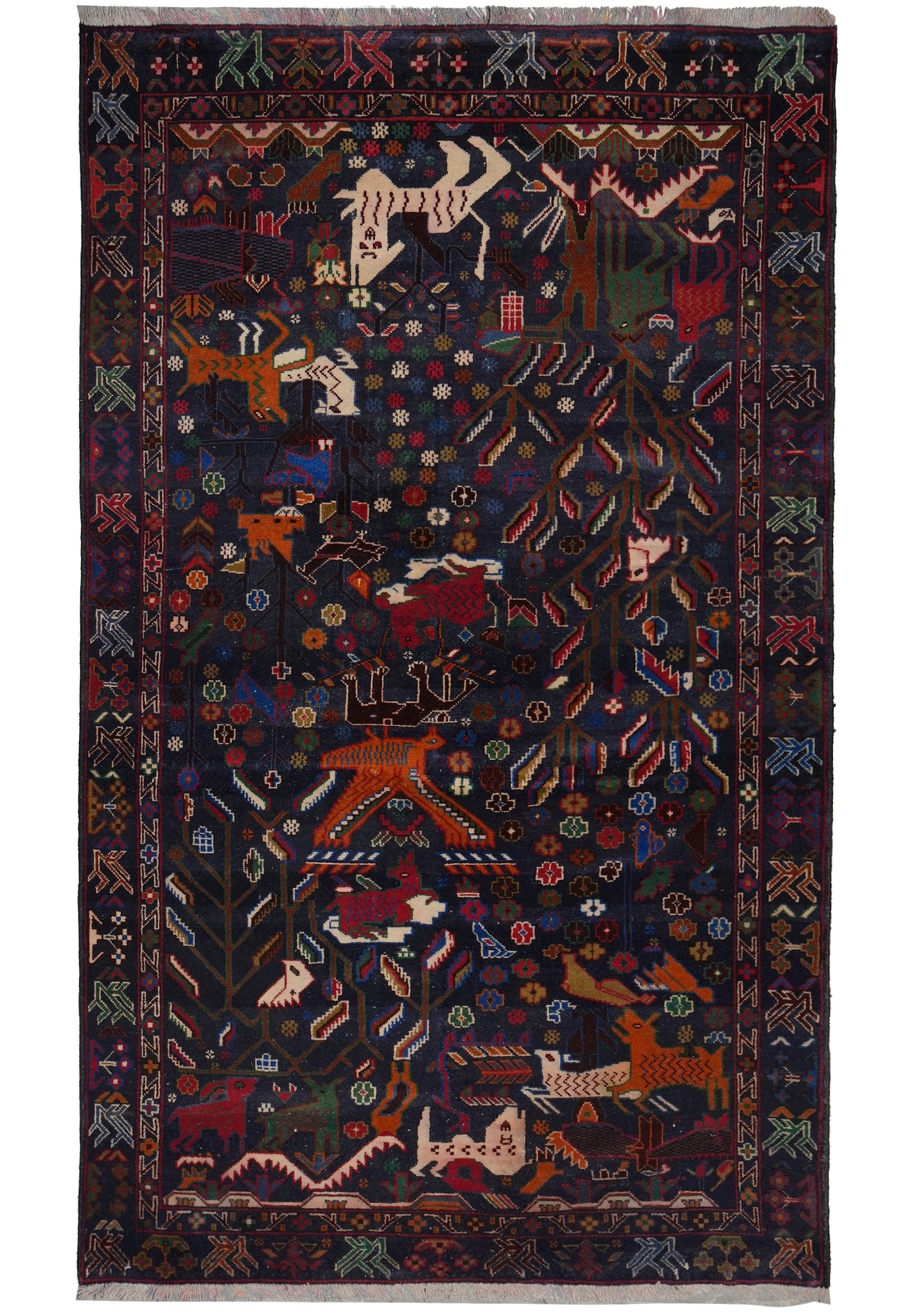 3.9 x 7 Afghan Baluch Hand Knotted Wool Animal Motif Rug: 3.9 x 7 Afghan Baluch Hand Knotted Wool Animal Motif Rug Free continental US Shipping Hand-knotted in Afghanistan by Baluch artisans, this village tribal rug features dark-toned animal motifs within c