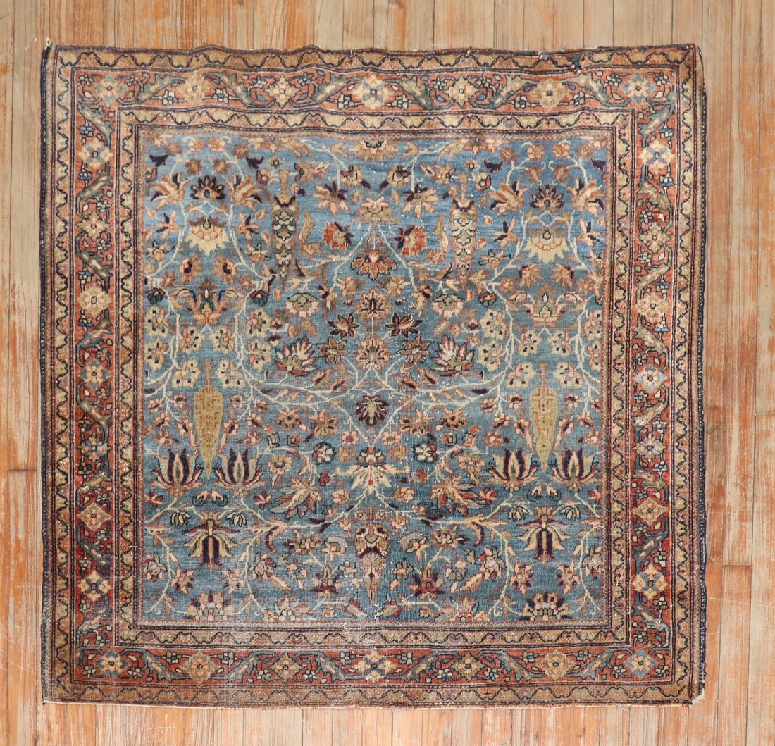 3' 11" x 4' 3" Persian Sarouk Ferehan square rug: 3' 11" x 4' 3" Persian Sarouk Ferehan square rug Rare early 20th century Persian Sarouk Fereghan small square rug with a distressed finish and an intricate patterned design. Specifications Item Type: 