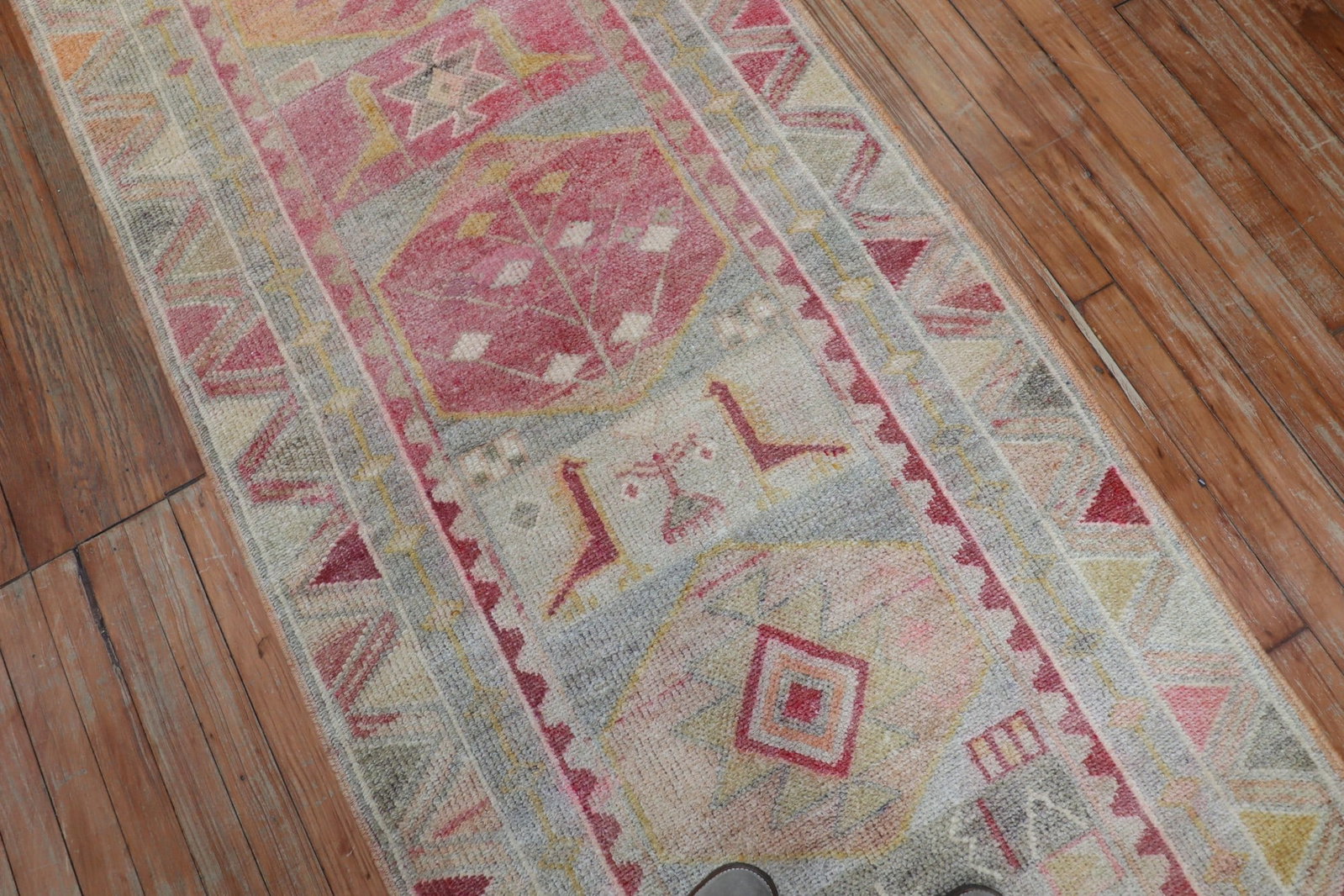 2' 10" x 21' 7" Anatolian Turkish Geometric Runner in Pastel Tones: 2' 10" x 21' 7" Anatolian Turkish Geometric Runner in Pastel Tones Mid 20th-century Turkish geometric runner in pastel tones with pink, orange, and cream accents. This Anatolian runner features a long