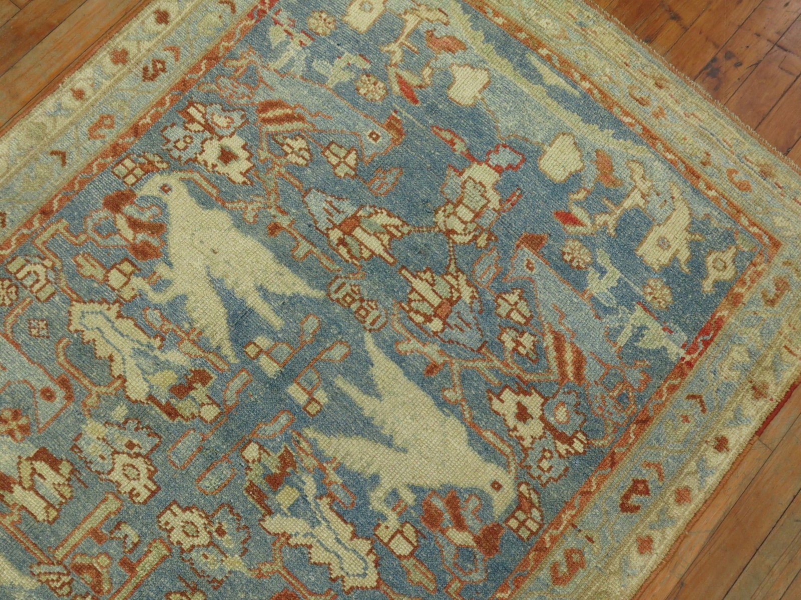 3' 6" x 14' 10" Pictorial Persian Malayer Rug Runner: 3' 6" x 14' 10" Pictorial Persian Malayer Rug Runner Pictorial Persian Malayer runner featuring a flurry of pigeons on a soft blue background, circa 1920. Pre-owned. Specifications Origin: Persian Typ