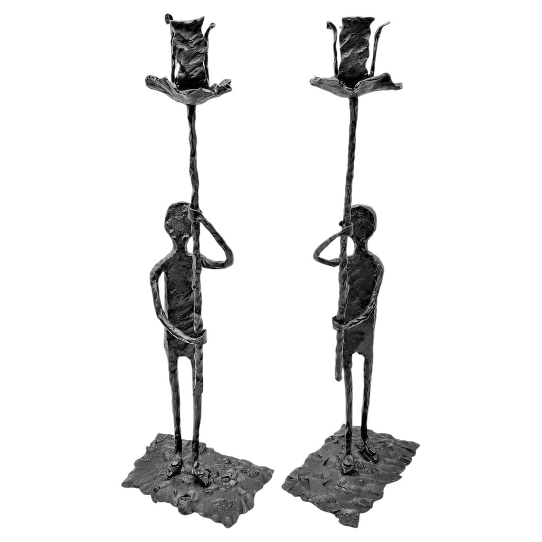 Set of 2 Signed Berto da Cogolo Iron Figural Candlesticks: Set of 2 Signed Berto da Cogolo Iron Figural Candlesticks Pair of signed Italian wrought-iron figural candlesticks from the Berto da Cogolo workshop. Each candlestick is formed as a standing figure su