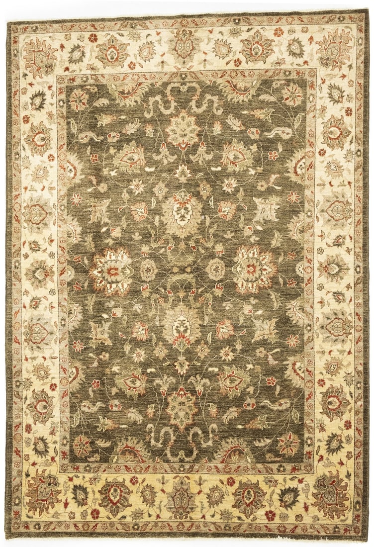 6'0 x 8'8 Hand Knotted Wool Peshawar Floral Area Rug: 6'0 x 8'8 Hand Knotted Wool Peshawar Floral Area Rug Hand-knotted wool area rug with a floral pattern and a traditional Peshawar-inspired look. This pre-owned rectangular rug is handmade and features 