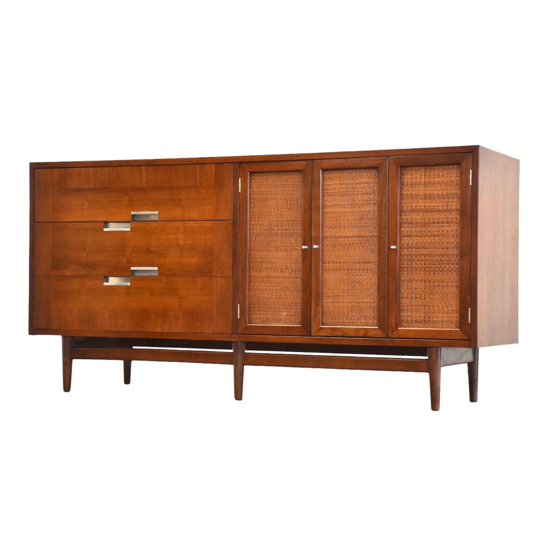 Mid Century Modern American of Martinsville Walnut Dresser with Cane Doors: Mid Century Modern American of Martinsville Walnut Dresser with Cane Doors This mid-century modern walnut dresser credenza features elegant cane doors, sleek aluminum knobs, and a striking aluminum X 