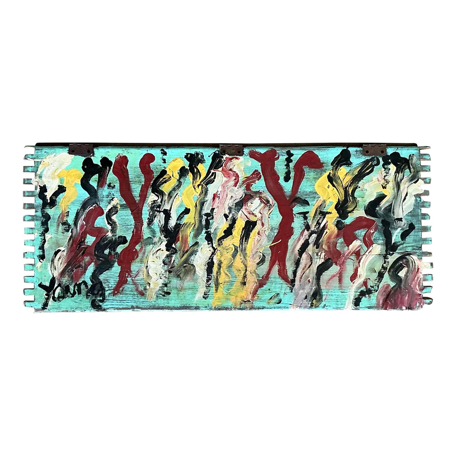 Vintage Purvis Young Boho Painting on Reclaimed Door: Vintage Purvis Young Boho Painting on Reclaimed Door This vintage painting by Purvis Young features his signature expressive style, characterized by dynamic brushstrokes and vibrant colors. Created on