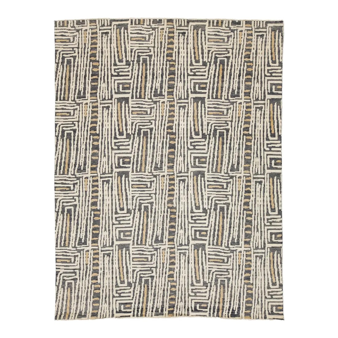 Hand Knotted Wool Geometric Maze Rug 9'3 x 12'1: Hand Knotted Wool Geometric Maze Rug 9'3 x 12'1 This modern hand-knotted wool area rug features a sophisticated geometric maze pattern inspired by mid-century abstract art and tribal motifs. The desig