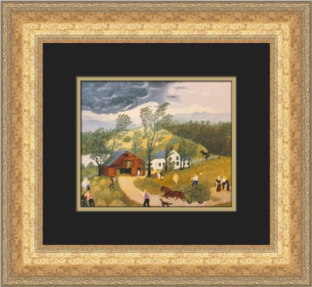 Grandma Moses The Thunderstorm Custom Framed Americana Print: Grandma Moses The Thunderstorm Custom Framed Americana Print Explore the beauty of Americana Folk Art with this custom framed print titled "The Thunderstorm" by Grandma Moses. Created in 1988, this me