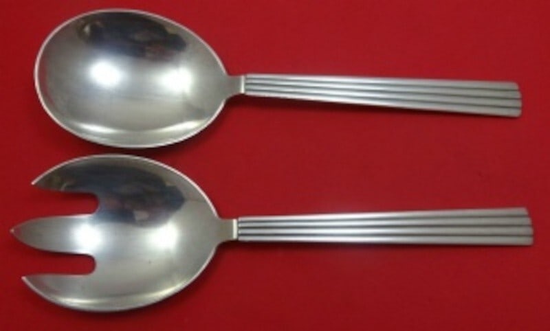 2 Piece Sterling Salad Servers Georg Jensen Bernadotte 8 1/8 in: 2 Piece Sterling Salad Servers Georg Jensen Bernadotte 8 1/8 in Two-piece salad serving set in the Bernadotte pattern by Georg Jensen. Crafted in sterling silver, this set includes salad servers measu