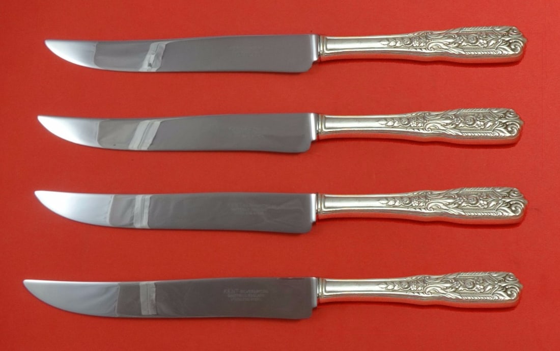 Milburn Rose Westmorland Sterling Silver Texas Steak Knife Set 4-Piece: Milburn Rose Westmorland Sterling Silver Texas Steak Knife Set 4-Piece Introducing the Milburn Rose by Westmorland Sterling Silver Steak Knife Set, a stunning collection of flatware that combines
