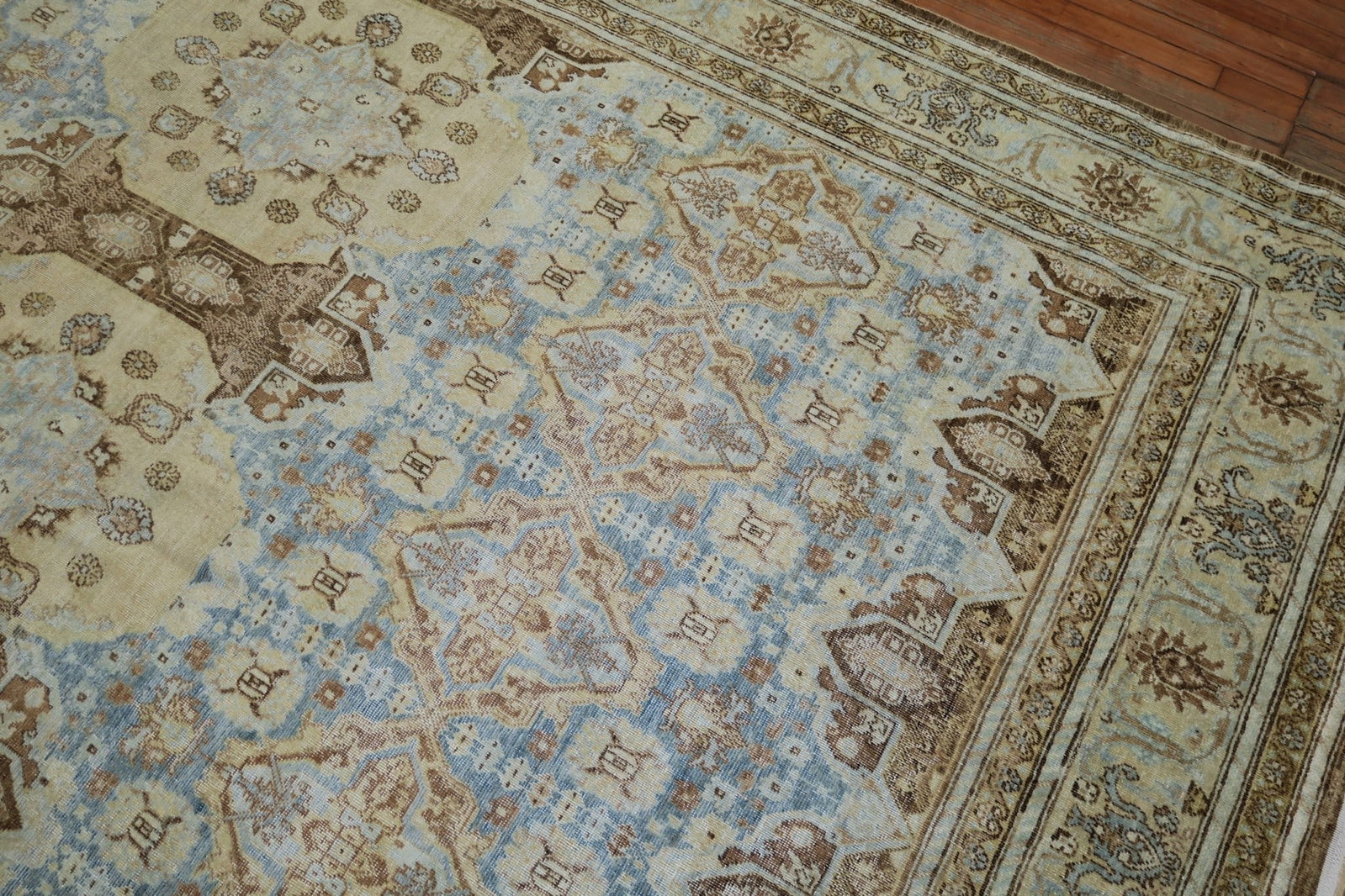 8' 10" x 11' 1" Malayer Persian room rug sky blue field: 8' 10" x 11' 1" Malayer Persian room rug sky blue field Vintage Persian room-size rug featuring a sky blue field with brown and soft yellow accents. This pre-owned Malayer rug dates to the middle of t