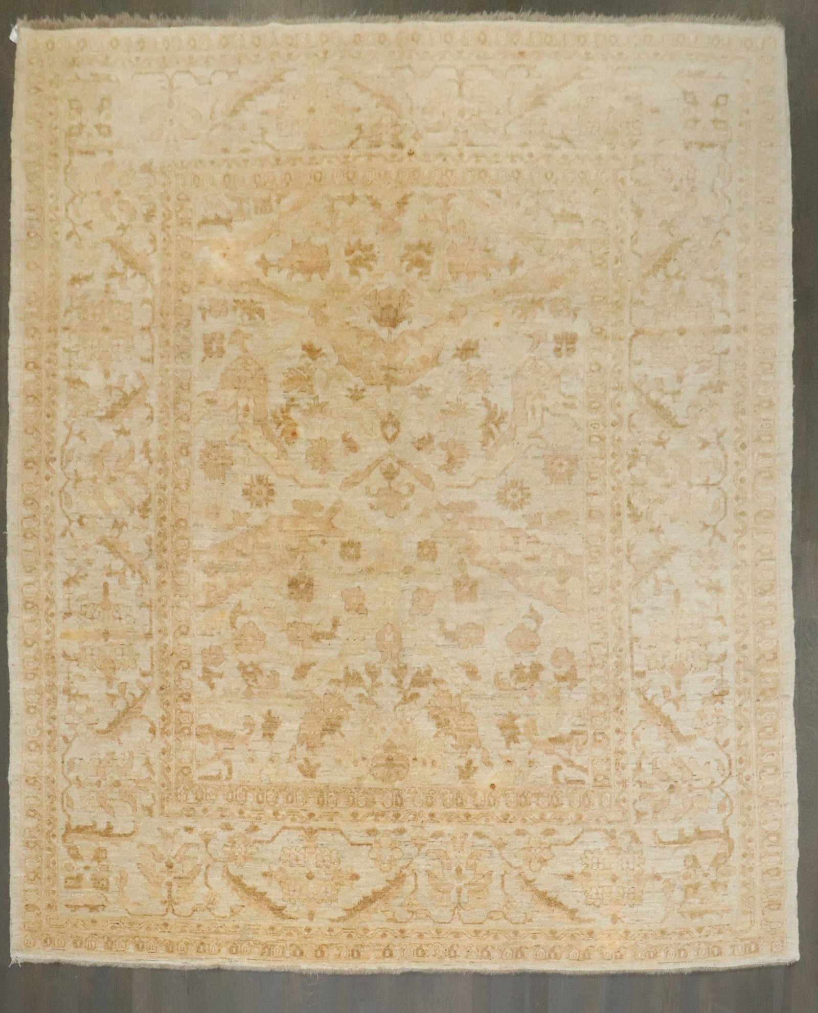 7' 11" x 9' 4" Square Pishawar Repro Rug Garrus Pattern: 7' 11" x 9' 4" Square Pishawar Repro Rug Garrus Pattern 21st-century Pishawar reproduction rug featuring a Garrus motif inspired by antique Persian Bidjar carpet patterns. Rendered in neutral beige an