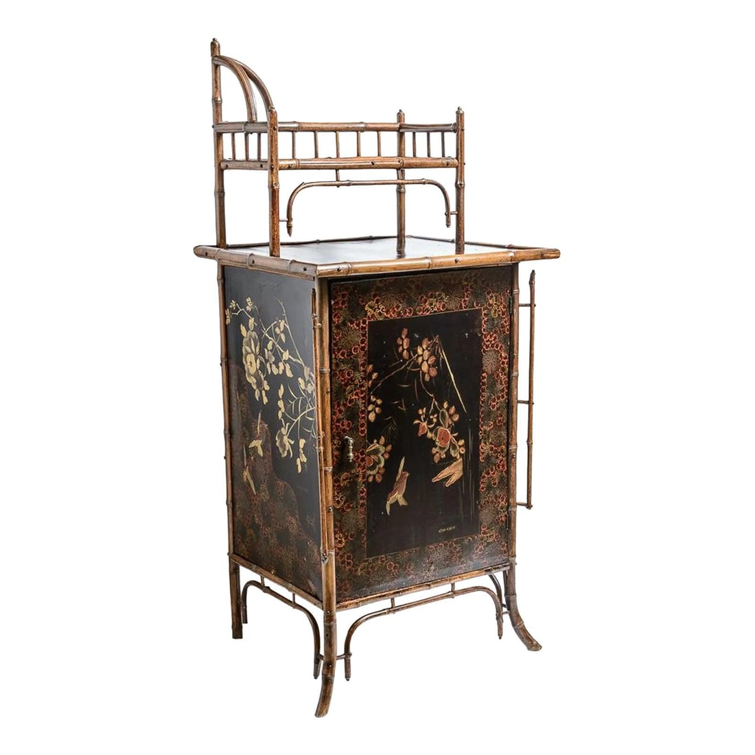 Antique Chinoiserie Bamboo Cabinet C.1880 with Red Interior (1 of 10)