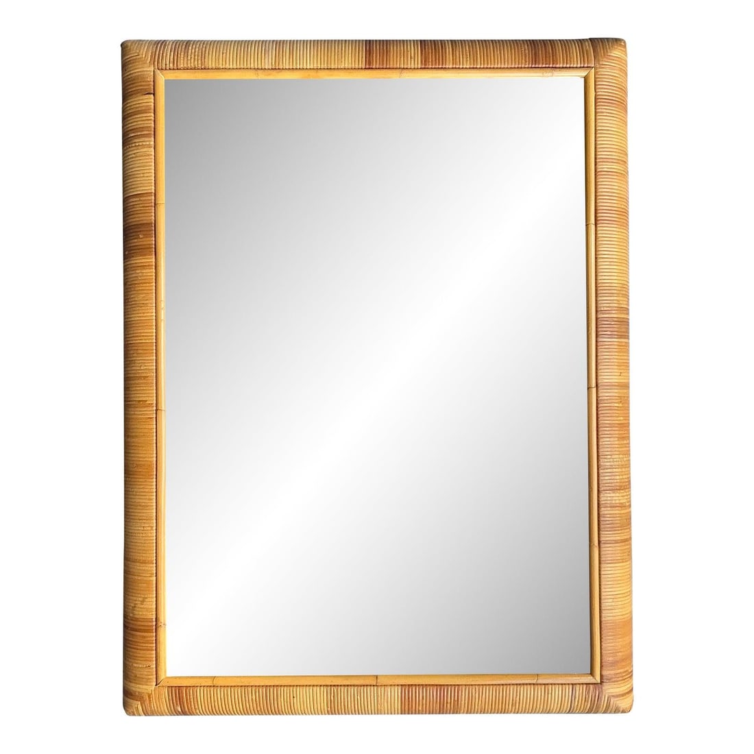 Rectangular natural rattan framed mirror 36.5 x 48.25: Rectangular natural rattan framed mirror 36.5 x 48.25 This vintage mirror features a substantial rectangular design framed by tightly wrapped natural rattan, highlighting exceptional craftsmanship and