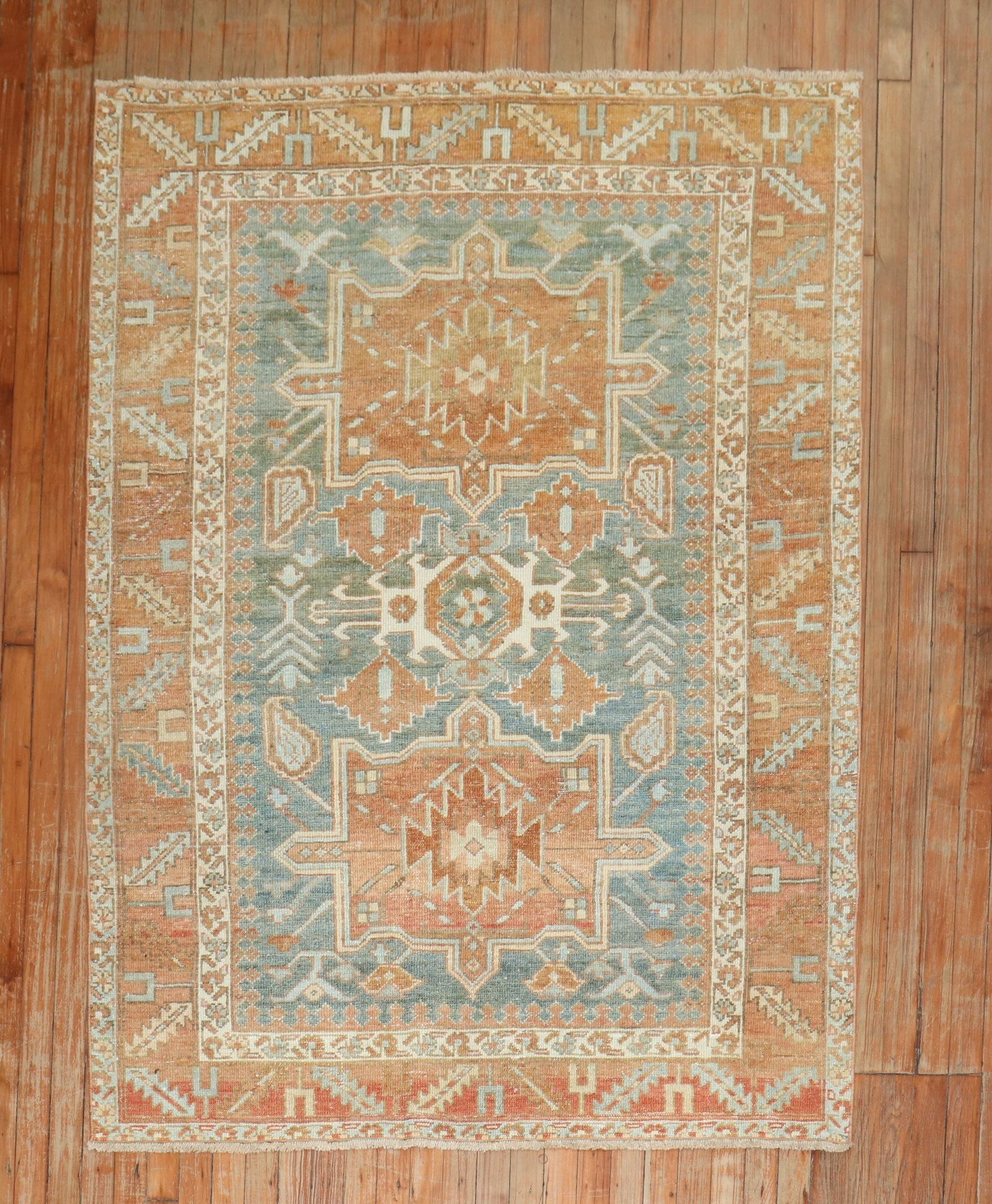 4' 5" x 6' 2" Early 20th Century Heriz Karadja Rug: 4' 5" x 6' 2" Early 20th Century Heriz Karadja Rug Early 20th century Heriz Karadja accent rug with an intricate geometric design in blue, orange, and cream. This pre-owned rug is identified as a Sera