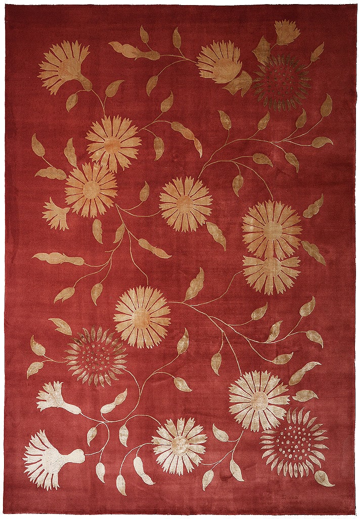 8 x 12 Hand-Knotted Wool Silk Modern Botanical Area Rug: 8 x 12 Hand-Knotted Wool Silk Modern Botanical Area Rug Free continental US Shipping Hand-knotted area rug in a wool and silk blend with a modern botanical design. The rust red field is accented with 