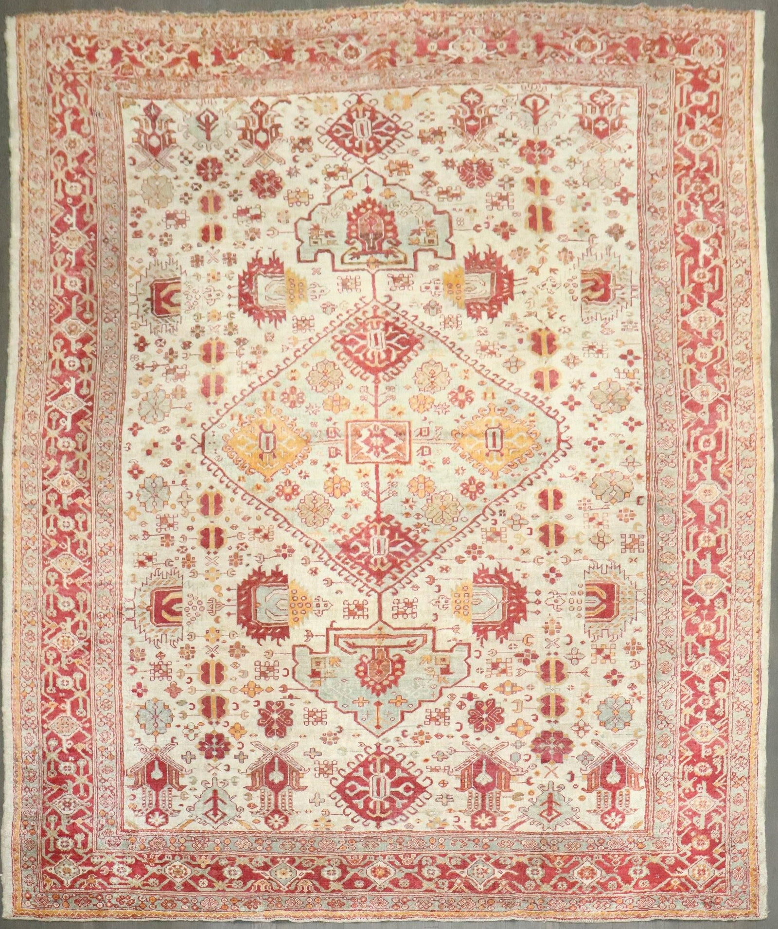 Angora Wool Ivory Oushak Rug: Angora Wool Ivory Oushak Rug a late 19th Century Angora Wool Ivory field Oushak Rug Dimensions: 10' 9" x 13' 1" (328 x 399 cm) Type: Angora,Oushak Category: Room Condition: Pre-Owned