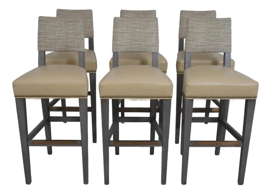 Six Grey Faux Leather Bar Stools With Upholstered Backs and Stretcher Base Set of 6: Six Grey Faux Leather Bar Stools With Upholstered Backs and Stretcher Base Set of 6 This set includes six bar stools featuring earth-friendly faux leather upholstery with a modern design. Each stool i