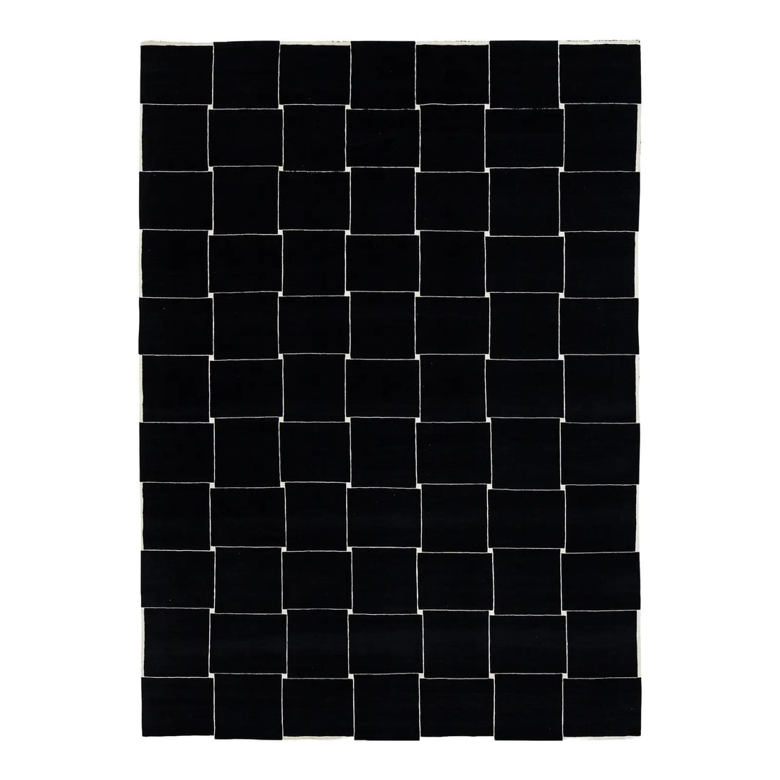 10'1" x 14'1" Wool Area Rug Black Ivory Geometric Pattern: 10'1" x 14'1" Wool Area Rug Black Ivory Geometric Pattern Hand-crafted and hand-knotted from wool, this area rug features a bold geometric grid design with deep black sections and ivory pin-striping. 