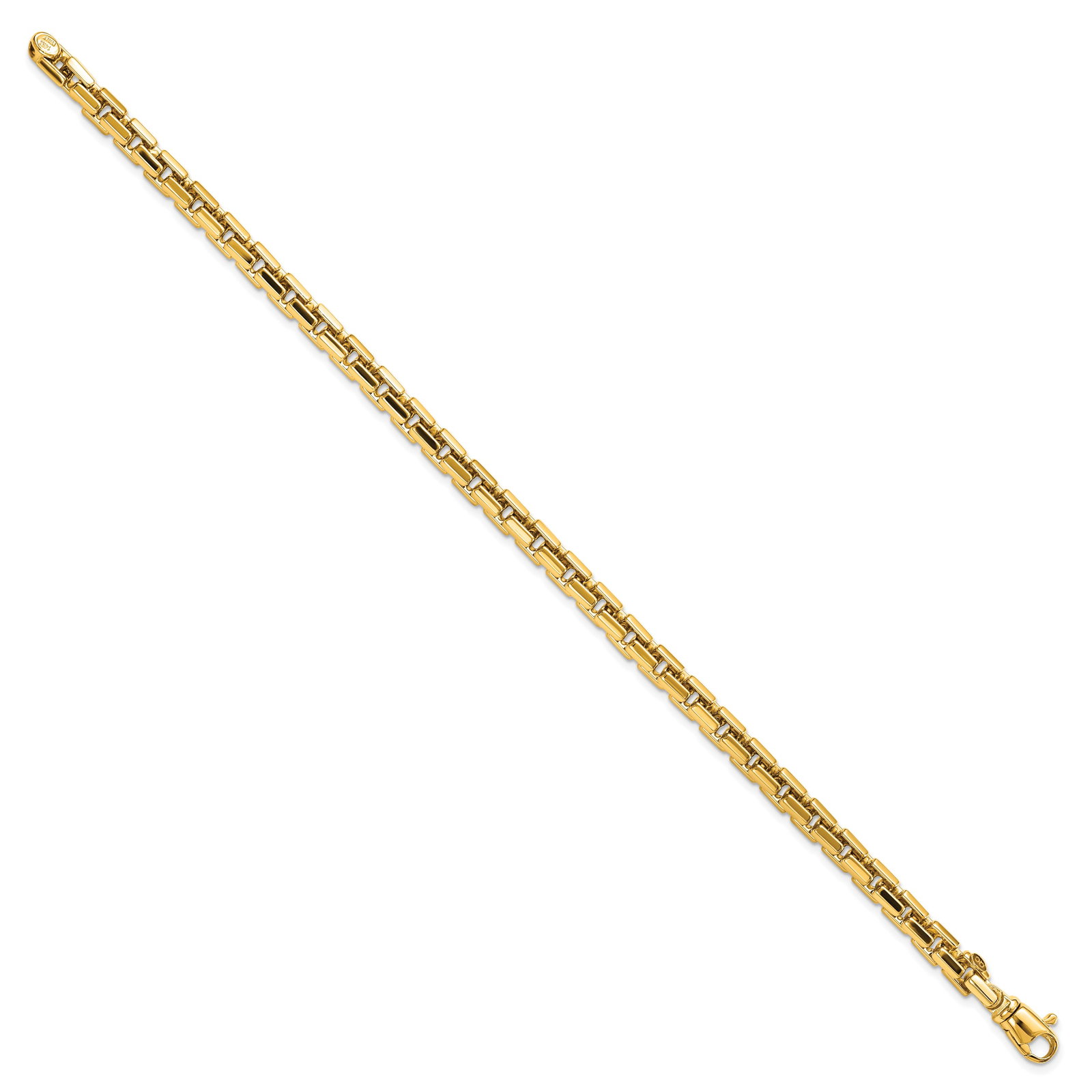 14k Yellow Gold Polished Chain Bracelet: 14k Yellow Gold Polished Chain Bracelet 14k Polished 4.00mm Fancy Rounded Box Link 8.5 inch Bracelet Metal: 14k Yellow Gold Weight: 13.18 grams Length: 8.5" Width: 4.07" This item may take 2-5 weeks f