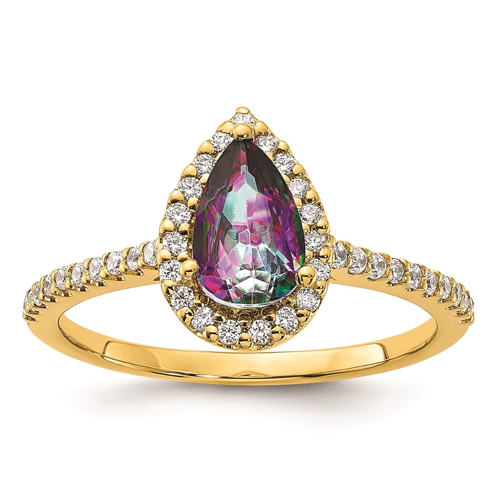 14k Mystic Fire Diamond Halo Complete Engagement Ring: 14k Mystic Fire Diamond Halo Complete Engagement Ring Blooming Bridal 14k Halo 8x5mm Pear-cut Mystic Fire Topaz and 1/4 carat Diamond Complete Engagement Ring Metal: 14k Yellow Gold Weight: 2.29 grams