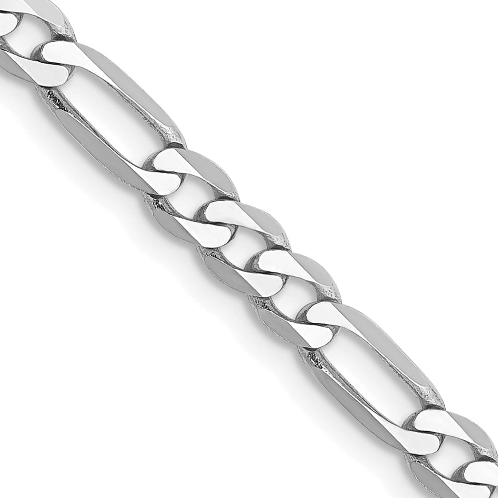 14k White Gold 4mm Flat Figaro Chain: 14k White Gold 4mm Flat Figaro Chain 14K White Gold 16 inch 4mm Flat Figaro with Lobster Clasp Chain Metal: 14k White Gold Weight: 7.84 grams Length: 16" Width: 4" This item may take 2-5 weeks for shi
