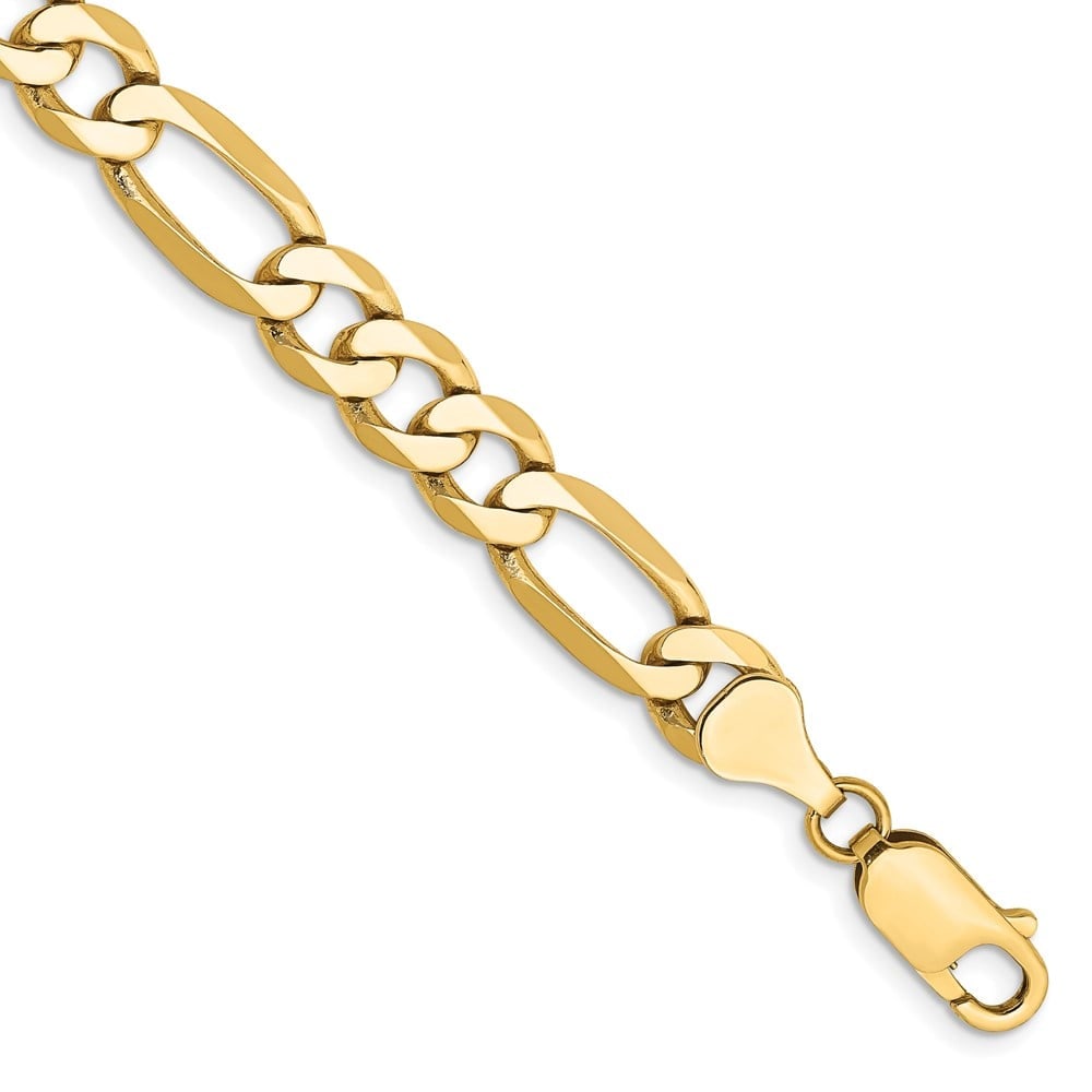 14k 7mm Flat Figaro Chain: 14k 7mm Flat Figaro Chain 14K 8 inch 7mm Flat Figaro with Lobster Clasp Bracelet Metal: 14k Yellow Gold Weight: 12.45 grams Length: 8" Width: 7" This item may take 2-5 weeks for shipping. PLEASE NOTE: