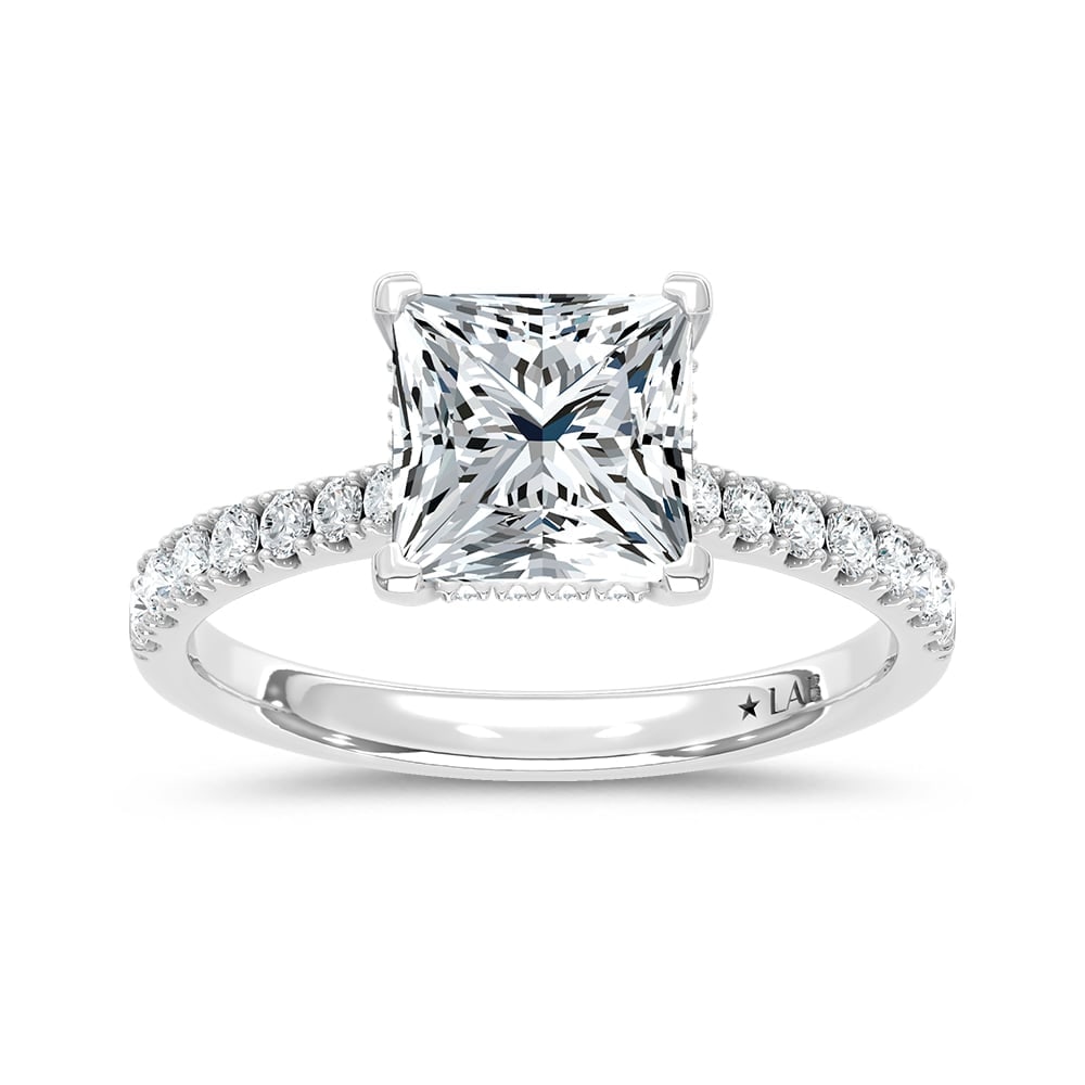 14K White Gold Lab Grown Diamond 2 1/3 Ct.Tw. Princess Shape Engagement Ring (Center 2 ctw): 14K White Gold Lab Grown Diamond 2 1/3 Ct.Tw. Princess Shape Engagement Ring (Center 2 ctw) Discover subtle brilliance and modern elegance with our Hidden Halo Diamond Engagement Ring. This elegant en