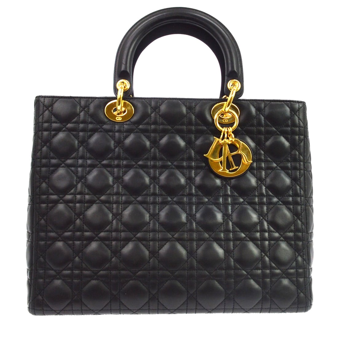 Christian Dior Lady Dior black leather handbag: Christian Dior Lady Dior black leather handbag The Christian Dior Lady Dior handbag features the signature Cannage quilted design in black leather. Made in Italy, this women's bag is presented in very